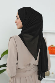 Instant Chiffon Shawl Headscarf for Women with Cotton Bonnet Chiffon Turban Cap, Ready-to-Wear Soft Chiffon Shawl Instant Hijab Wrap,PS-46 Black