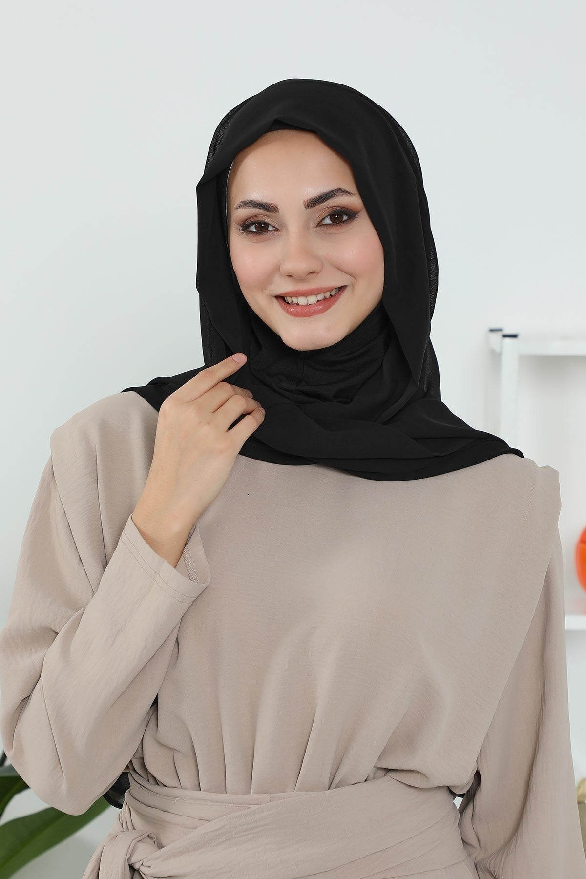 Instant Chiffon Shawl Headscarf for Women with Cotton Bonnet Chiffon Turban Cap, Ready-to-Wear Soft Chiffon Shawl Instant Hijab Wrap,PS-46 Black