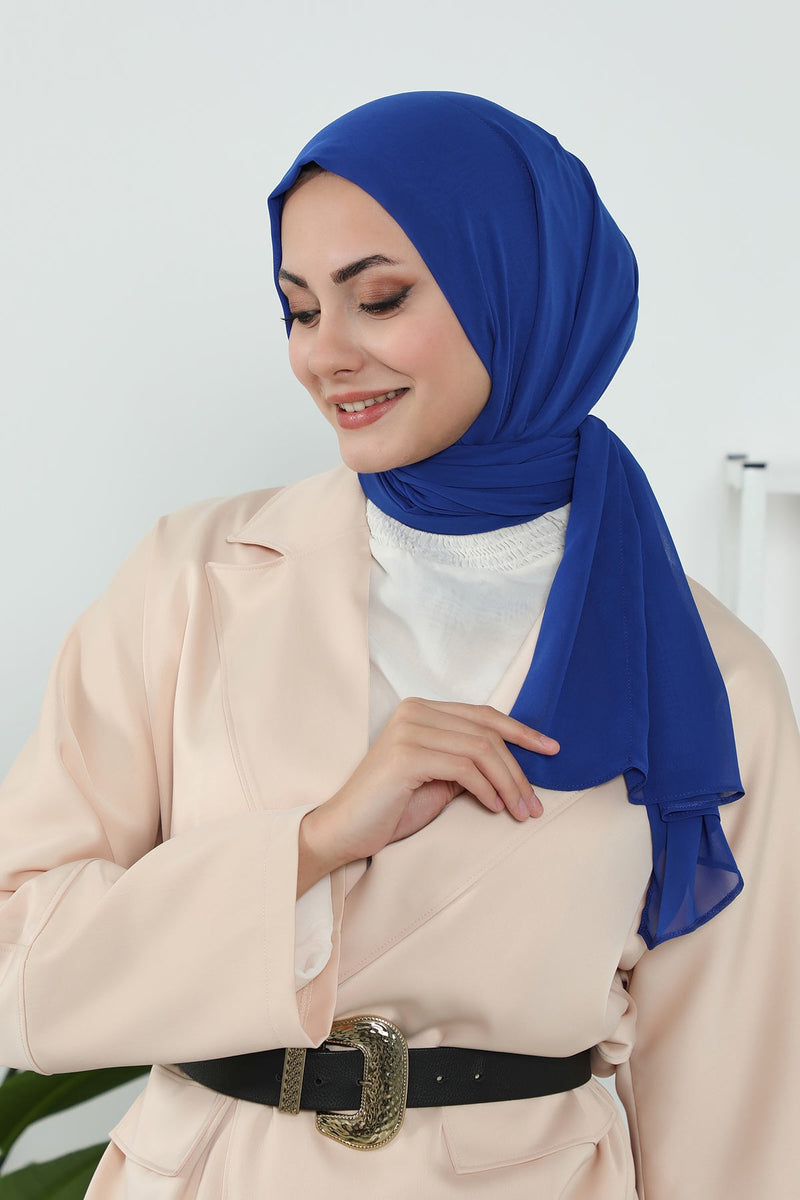 Instant Chiffon Shawl Headscarf for Women with Cotton Bonnet Chiffon Turban Cap, Ready-to-Wear Soft Chiffon Shawl Instant Hijab Wrap,PS-46 Sax Blue