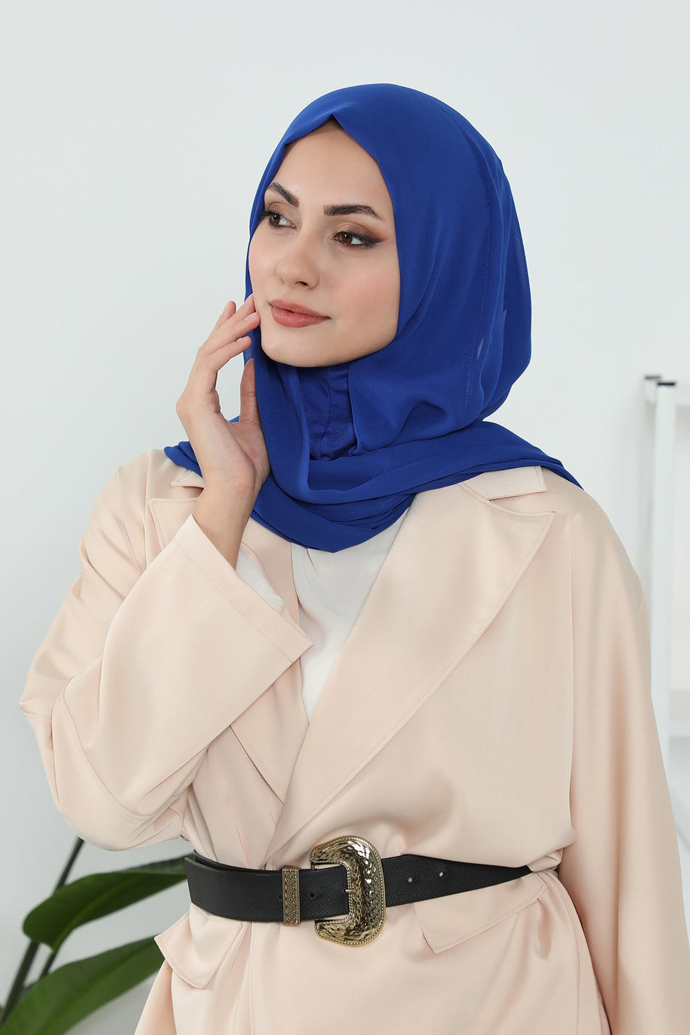 Instant Chiffon Shawl Headscarf for Women with Cotton Bonnet Chiffon Turban Cap, Ready-to-Wear Soft Chiffon Shawl Instant Hijab Wrap,PS-46 Sax Blue