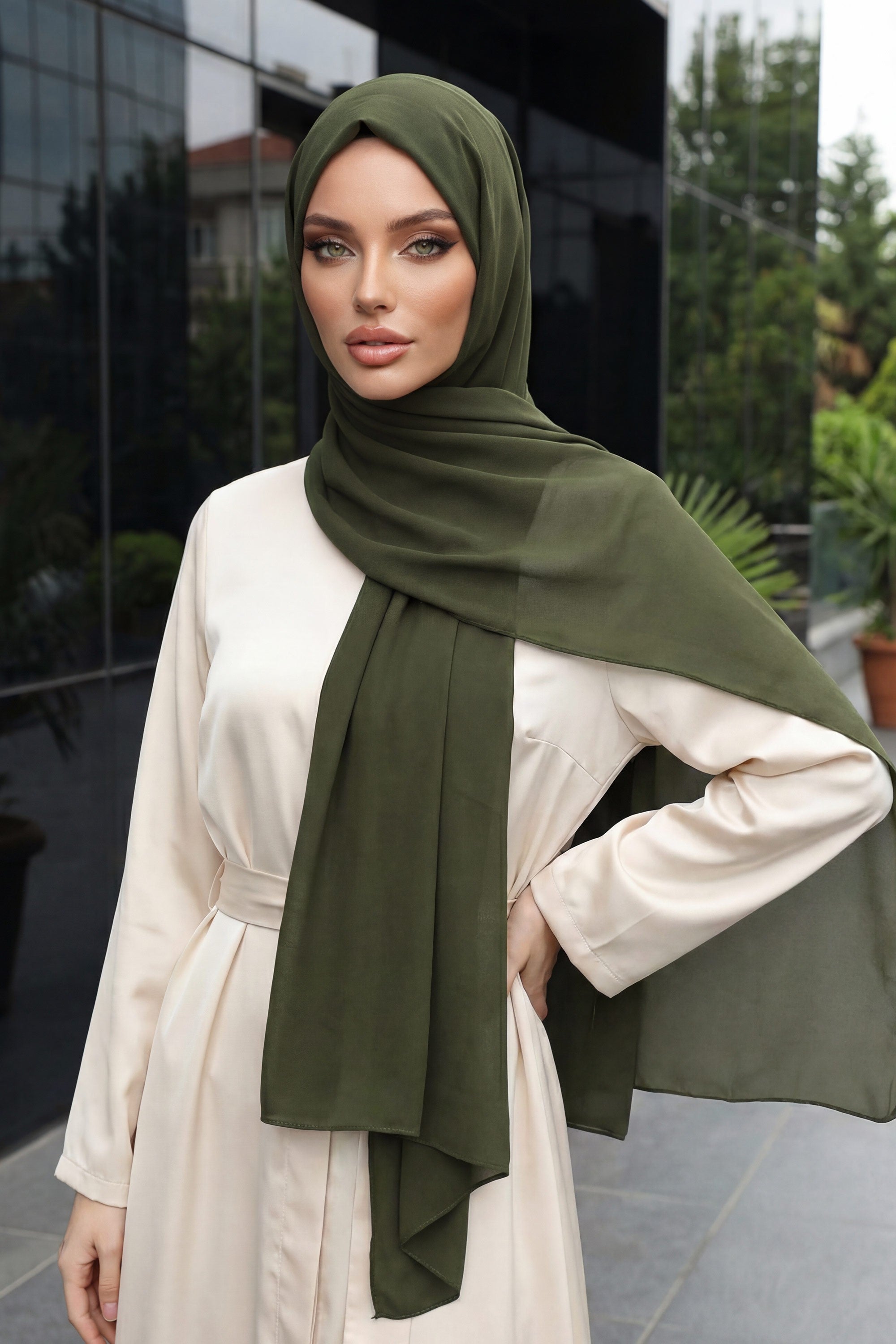 Instant Chiffon Shawl Headscarf for Women with Cotton Bonnet Chiffon Turban Cap, Ready-to-Wear Soft Chiffon Shawl Instant Hijab Wrap,PS-46 Army Green