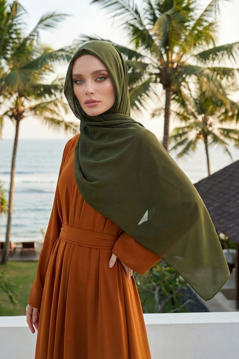 Instant Chiffon Shawl Headscarf for Women with Cotton Bonnet Chiffon Turban Cap, Ready-to-Wear Soft Chiffon Shawl Instant Hijab Wrap,PS-46 Army Green
