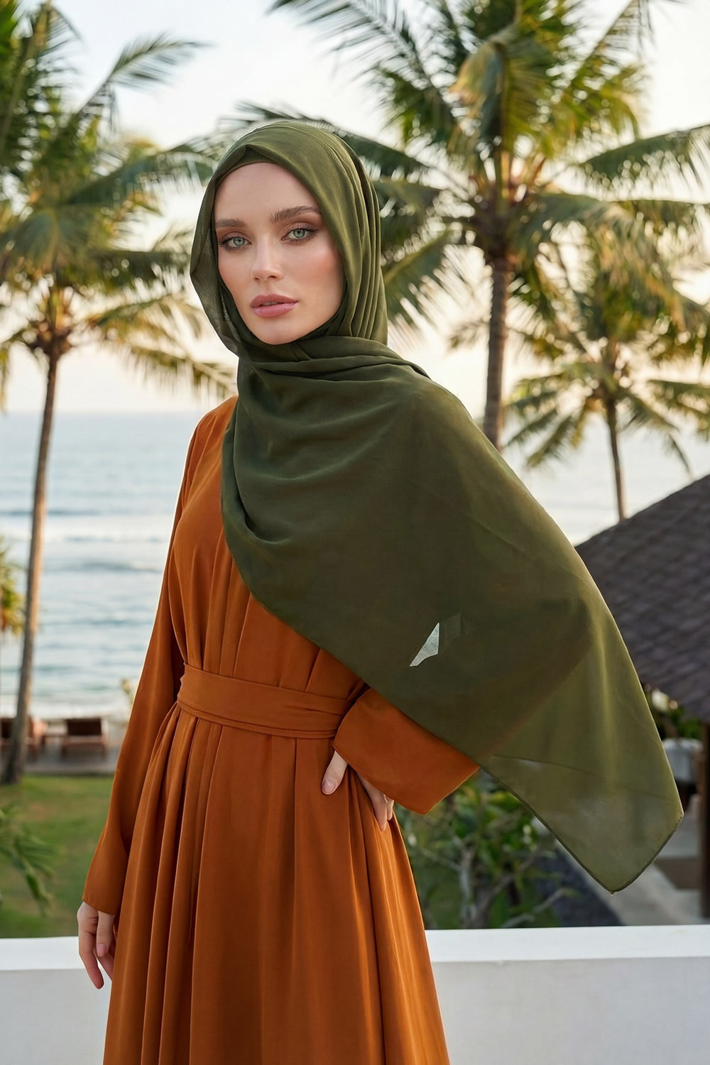Instant Chiffon Shawl Headscarf for Women with Cotton Bonnet Chiffon Turban Cap, Ready-to-Wear Soft Chiffon Shawl Instant Hijab Wrap,PS-46 Army Green