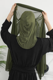 Instant Chiffon Shawl Headscarf for Women with Cotton Bonnet Chiffon Turban Cap, Ready-to-Wear Soft Chiffon Shawl Instant Hijab Wrap,PS-46 Army Green