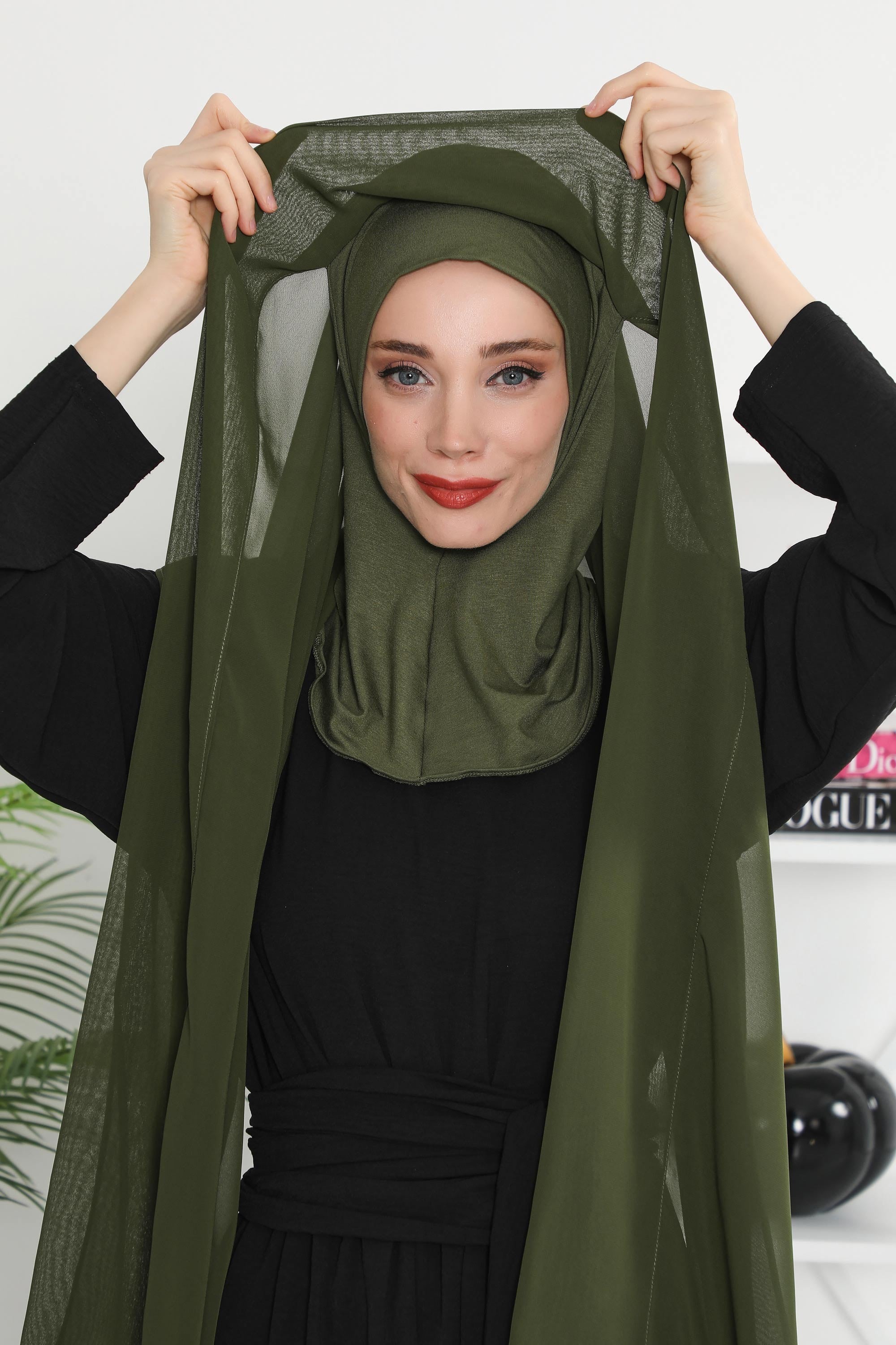 Instant Chiffon Shawl Headscarf for Women with Cotton Bonnet Chiffon Turban Cap, Ready-to-Wear Soft Chiffon Shawl Instant Hijab Wrap,PS-46 Army Green