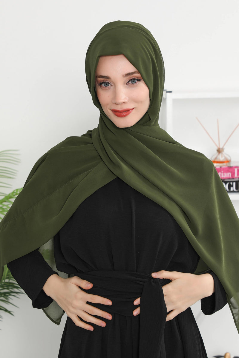 Instant Chiffon Shawl Headscarf for Women with Cotton Bonnet Chiffon Turban Cap, Ready-to-Wear Soft Chiffon Shawl Instant Hijab Wrap,PS-46 Army Green
