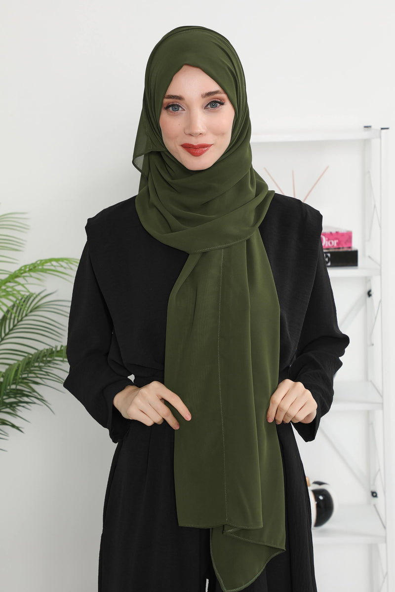 Instant Chiffon Shawl Headscarf for Women with Cotton Bonnet Chiffon Turban Cap, Ready-to-Wear Soft Chiffon Shawl Instant Hijab Wrap,PS-46 Army Green
