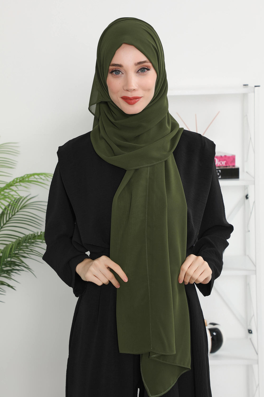 Instant Chiffon Shawl Headscarf for Women with Cotton Bonnet Chiffon Turban Cap, Ready-to-Wear Soft Chiffon Shawl Instant Hijab Wrap,PS-46 Army Green