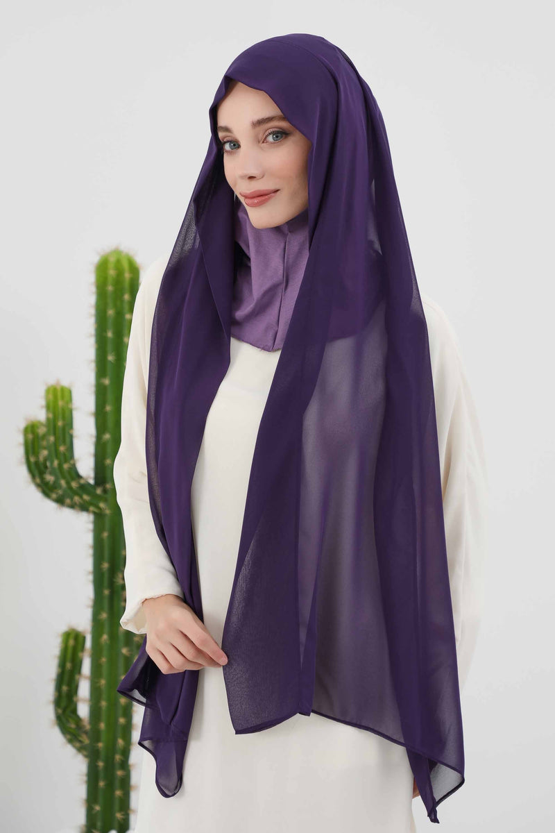 Instant Chiffon Shawl Headscarf for Women with Cotton Bonnet Chiffon Turban Cap, Ready-to-Wear Soft Chiffon Shawl Instant Hijab Wrap,PS-46 Purple