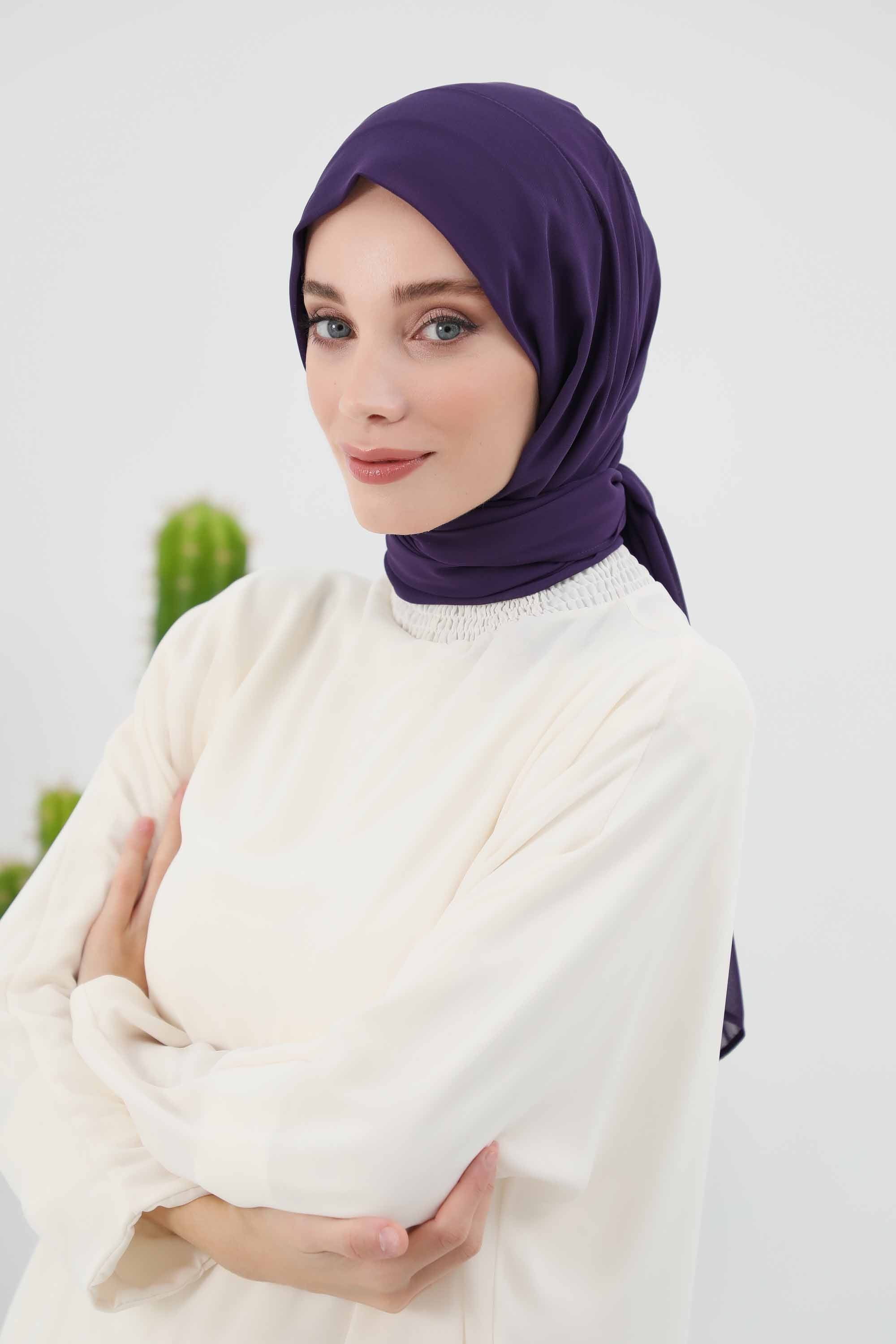 Instant Chiffon Shawl Headscarf for Women with Cotton Bonnet Chiffon Turban Cap, Ready-to-Wear Soft Chiffon Shawl Instant Hijab Wrap,PS-46 Purple