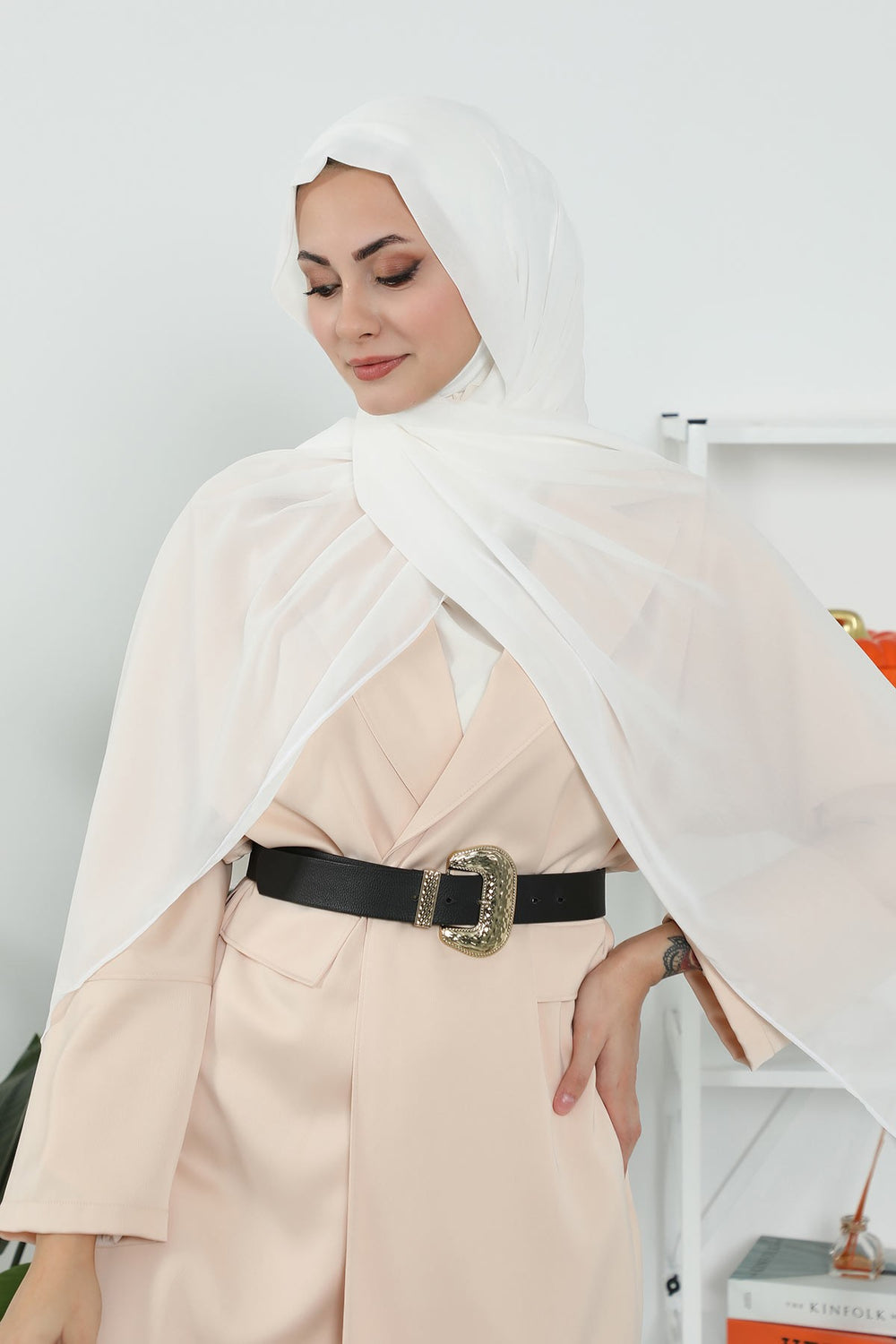 Instant Chiffon Shawl Headscarf for Women with Cotton Bonnet Chiffon Turban Cap, Ready-to-Wear Soft Chiffon Shawl Instant Hijab Wrap,PS-46 Ivory