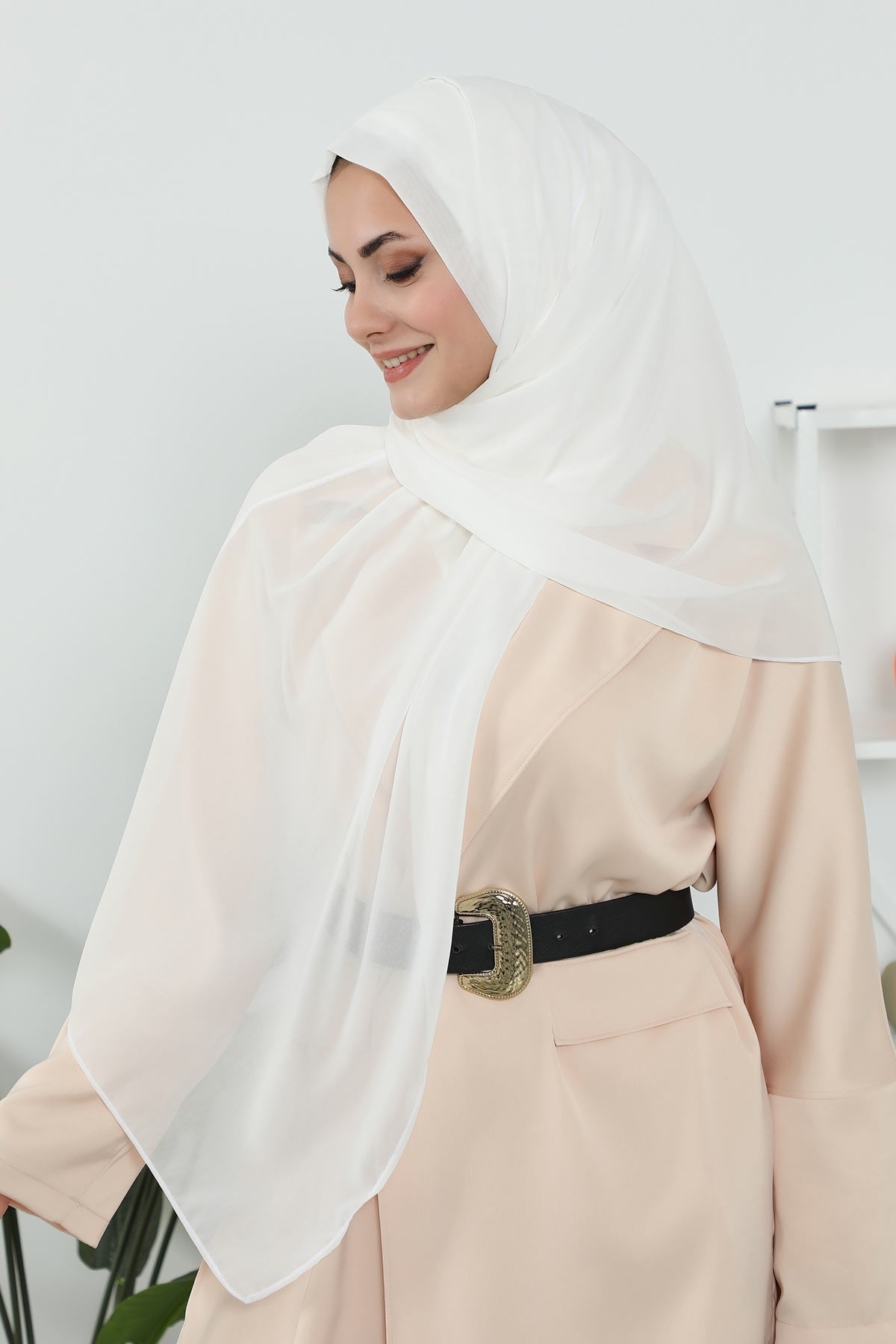 Instant Chiffon Shawl Headscarf for Women with Cotton Bonnet Chiffon Turban Cap, Ready-to-Wear Soft Chiffon Shawl Instant Hijab Wrap,PS-46 Ivory
