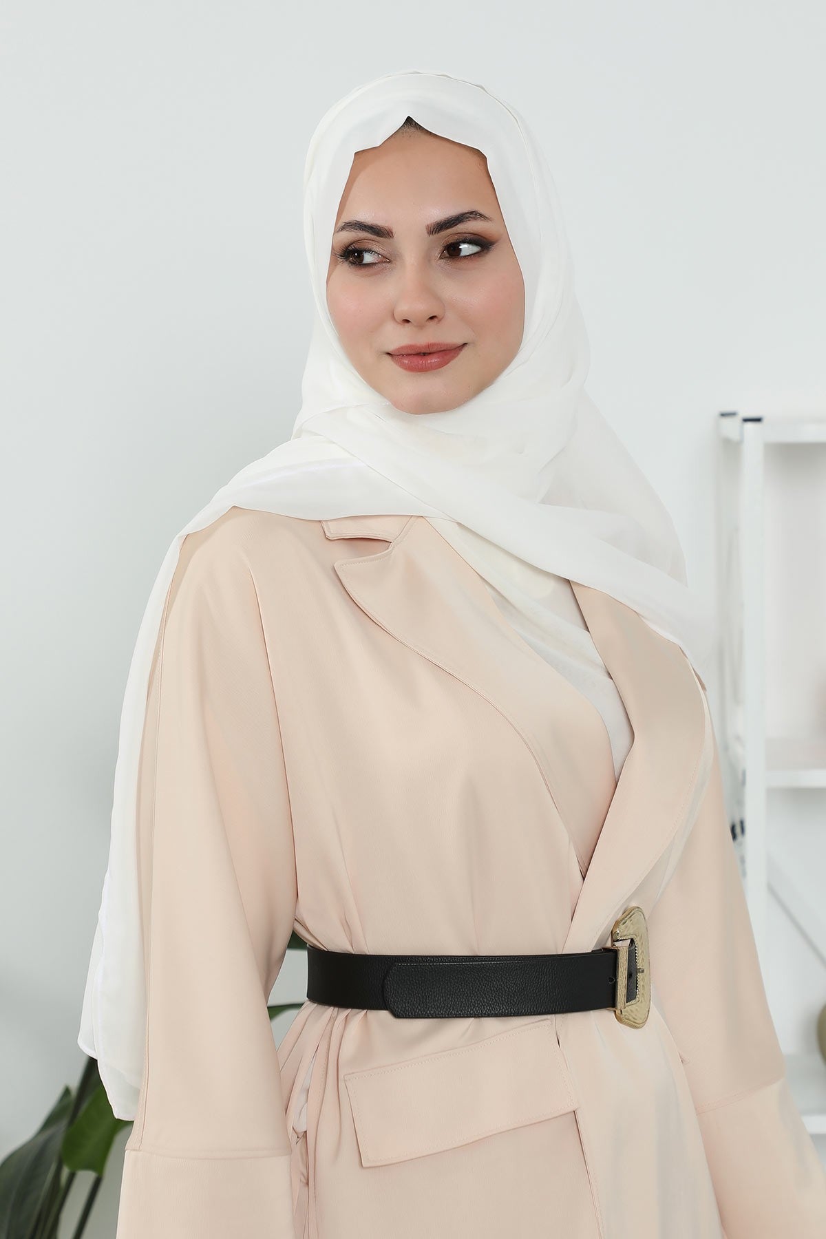 Instant Chiffon Shawl Headscarf for Women with Cotton Bonnet Chiffon Turban Cap, Ready-to-Wear Soft Chiffon Shawl Instant Hijab Wrap,PS-46 Ivory