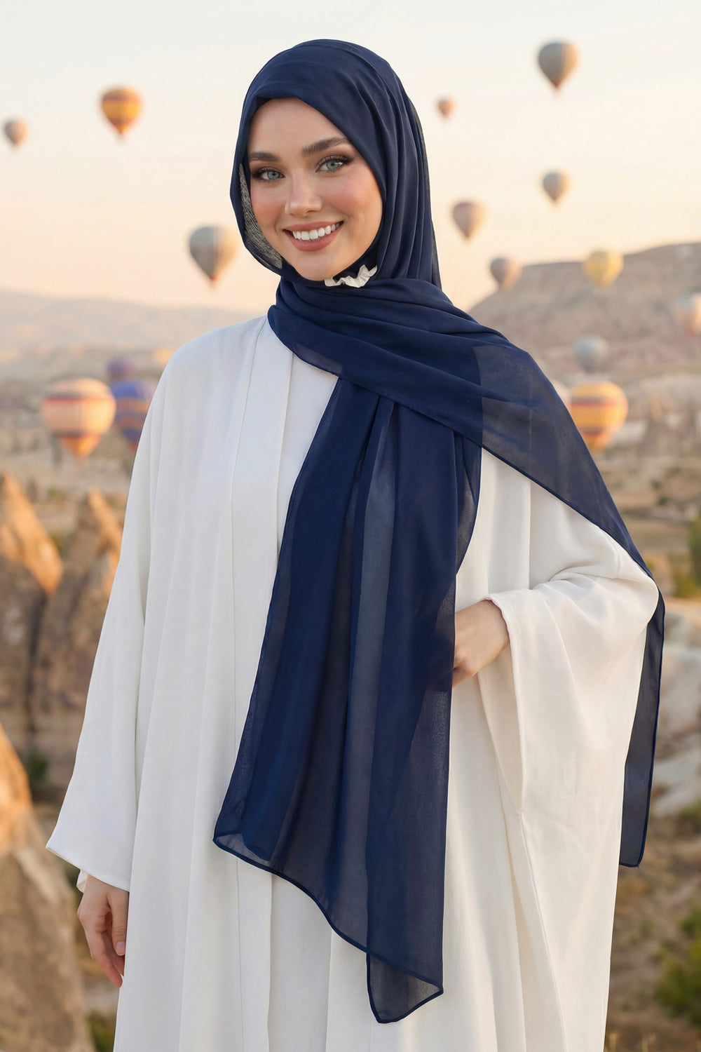 Instant Chiffon Shawl Headscarf for Women with Cotton Bonnet Chiffon Turban Cap, Ready-to-Wear Soft Chiffon Shawl Instant Hijab Wrap,PS-46 Navy Blue