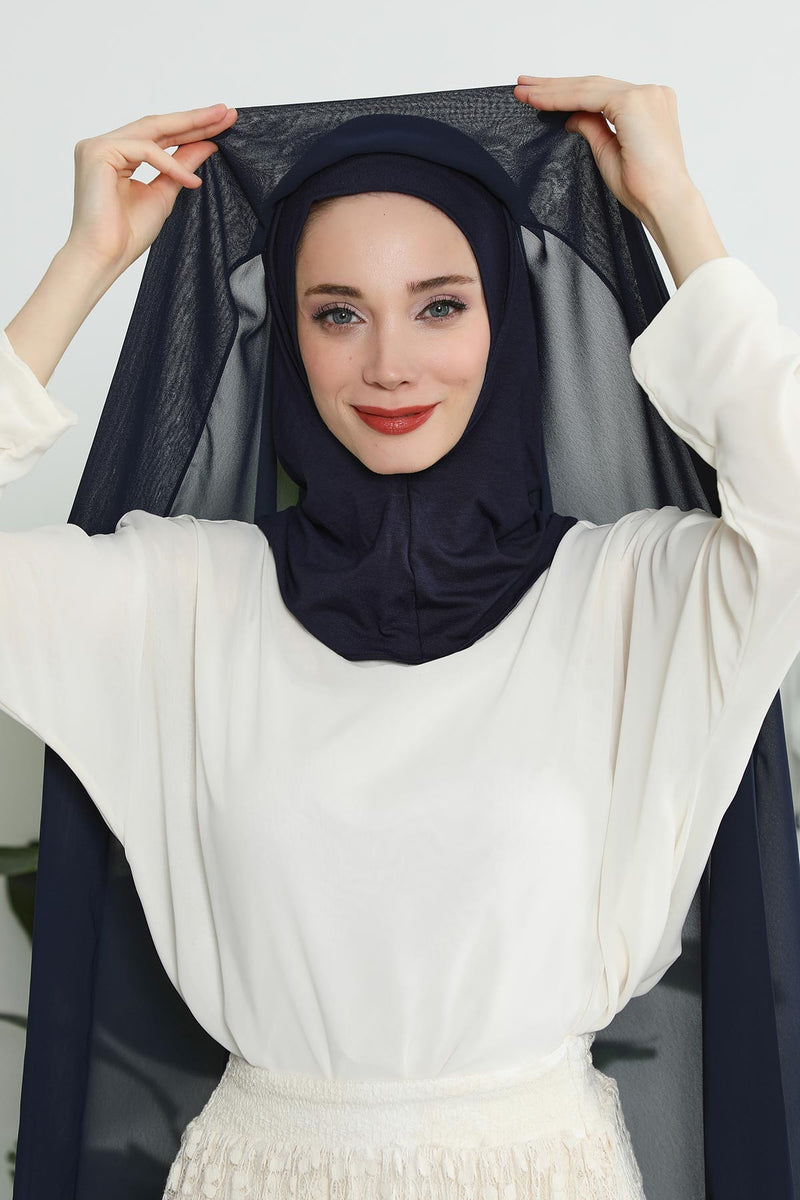 Instant Chiffon Shawl Headscarf for Women with Cotton Bonnet Chiffon Turban Cap, Ready-to-Wear Soft Chiffon Shawl Instant Hijab Wrap,PS-46 Navy Blue