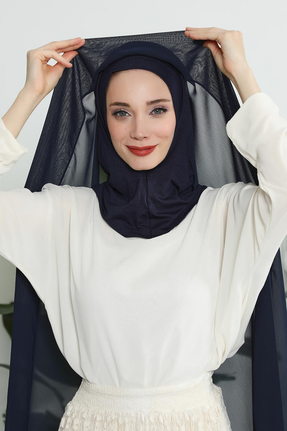 Instant Chiffon Shawl Headscarf for Women with Cotton Bonnet Chiffon Turban Cap, Ready-to-Wear Soft Chiffon Shawl Instant Hijab Wrap,PS-46 Navy Blue