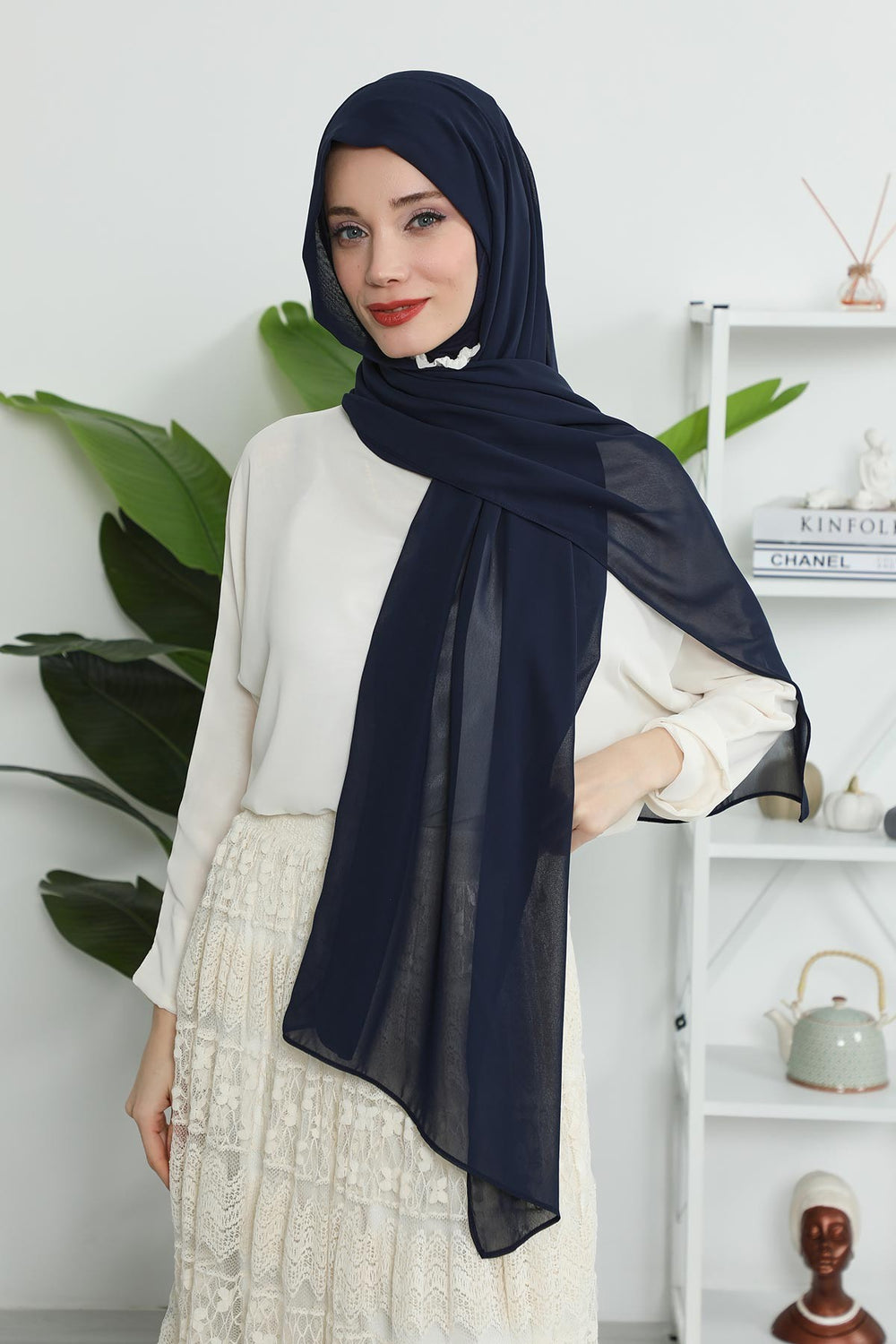 Instant Chiffon Shawl Headscarf for Women with Cotton Bonnet Chiffon Turban Cap, Ready-to-Wear Soft Chiffon Shawl Instant Hijab Wrap,PS-46 Navy Blue