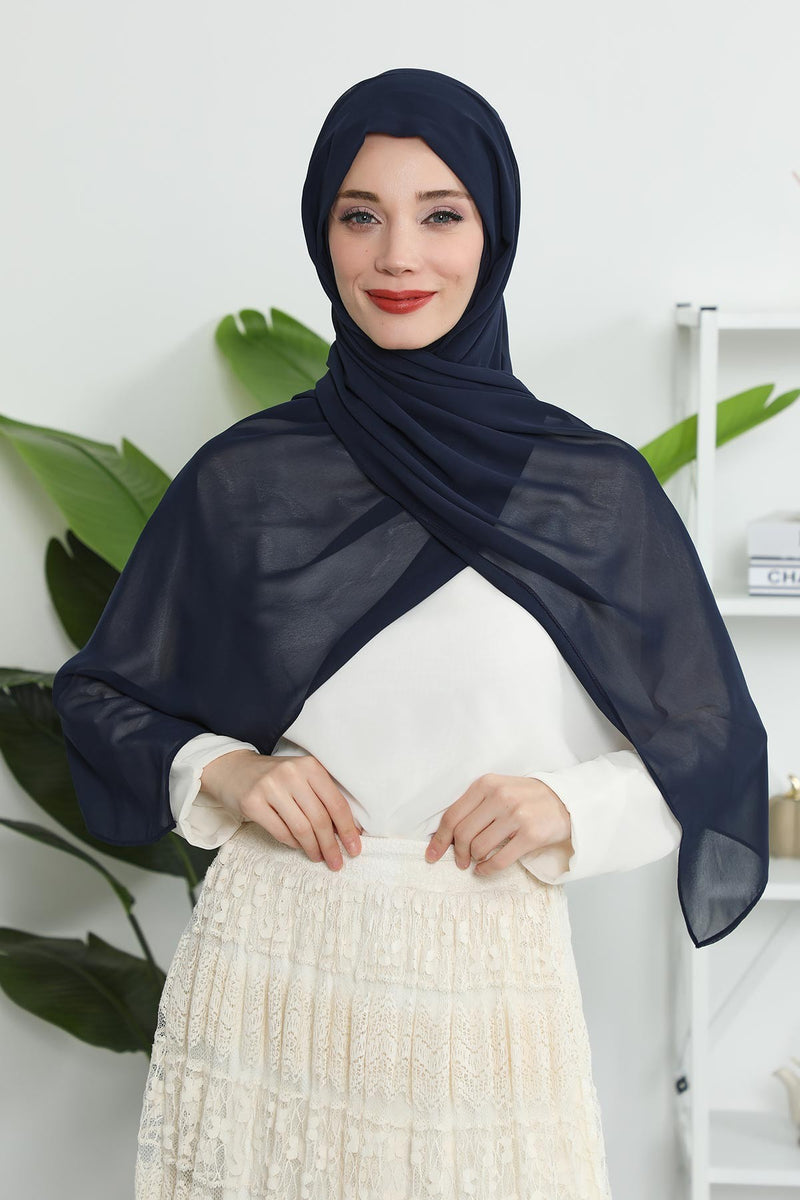 Instant Chiffon Shawl Headscarf for Women with Cotton Bonnet Chiffon Turban Cap, Ready-to-Wear Soft Chiffon Shawl Instant Hijab Wrap,PS-46 Navy Blue