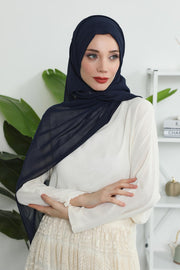 Instant Chiffon Shawl Headscarf for Women with Cotton Bonnet Chiffon Turban Cap, Ready-to-Wear Soft Chiffon Shawl Instant Hijab Wrap,PS-46 Navy Blue