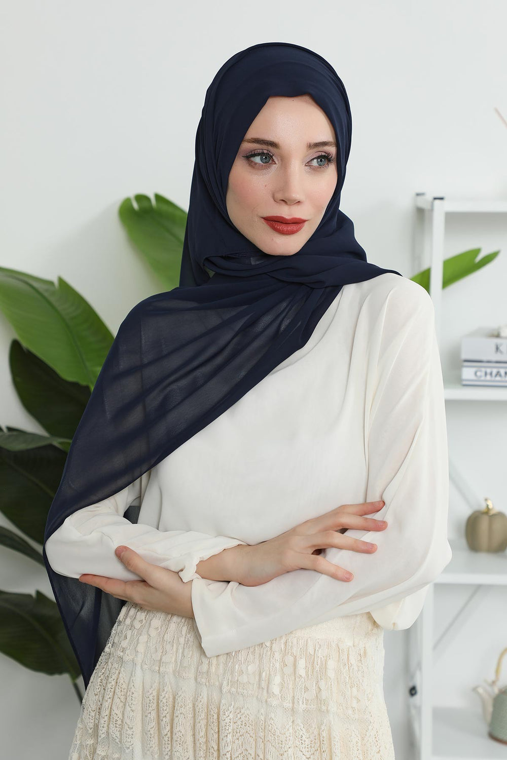 Instant Chiffon Shawl Headscarf for Women with Cotton Bonnet Chiffon Turban Cap, Ready-to-Wear Soft Chiffon Shawl Instant Hijab Wrap,PS-46 Navy Blue