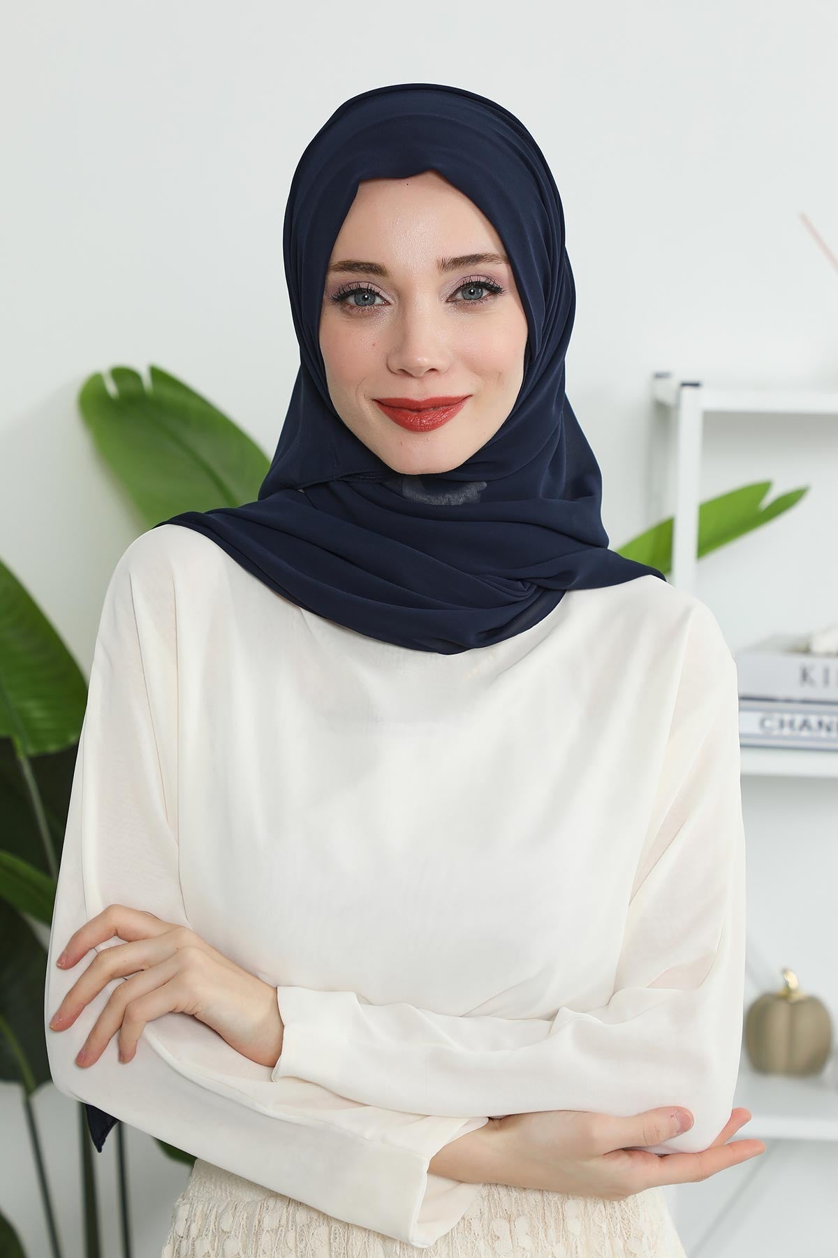 Instant Chiffon Shawl Headscarf for Women with Cotton Bonnet Chiffon Turban Cap, Ready-to-Wear Soft Chiffon Shawl Instant Hijab Wrap,PS-46 Navy Blue