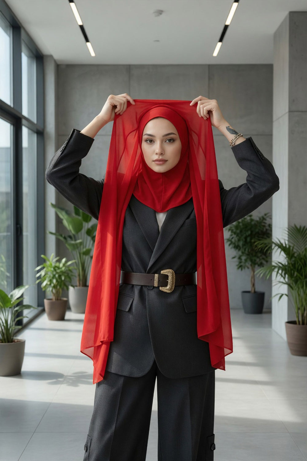 Instant Chiffon Shawl Headscarf for Women with Cotton Bonnet Chiffon Turban Cap, Ready-to-Wear Soft Chiffon Shawl Instant Hijab Wrap,PS-46 Red