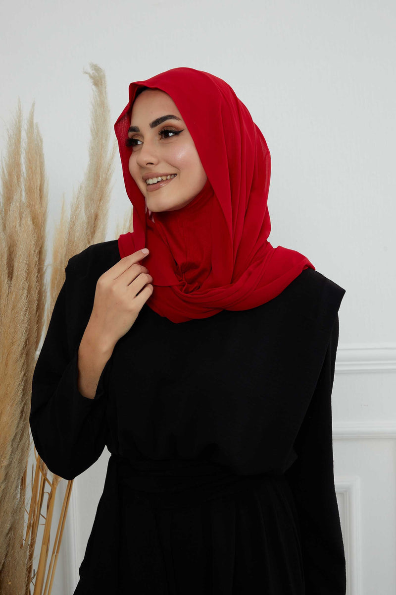 Instant Chiffon Shawl Headscarf for Women with Cotton Bonnet Chiffon Turban Cap, Ready-to-Wear Soft Chiffon Shawl Instant Hijab Wrap,PS-46 Red