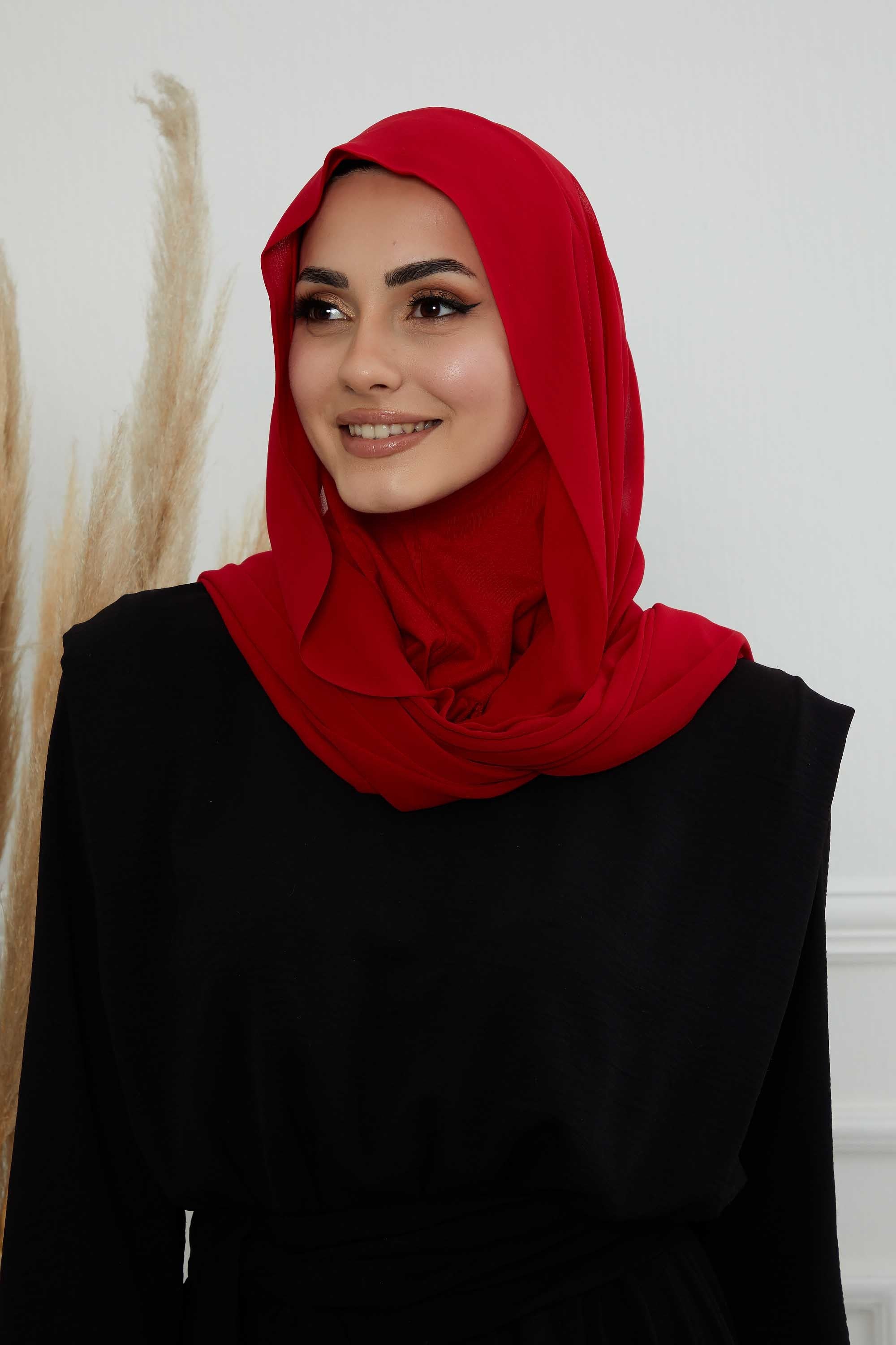 Instant Chiffon Shawl Headscarf for Women with Cotton Bonnet Chiffon Turban Cap, Ready-to-Wear Soft Chiffon Shawl Instant Hijab Wrap,PS-46 Red