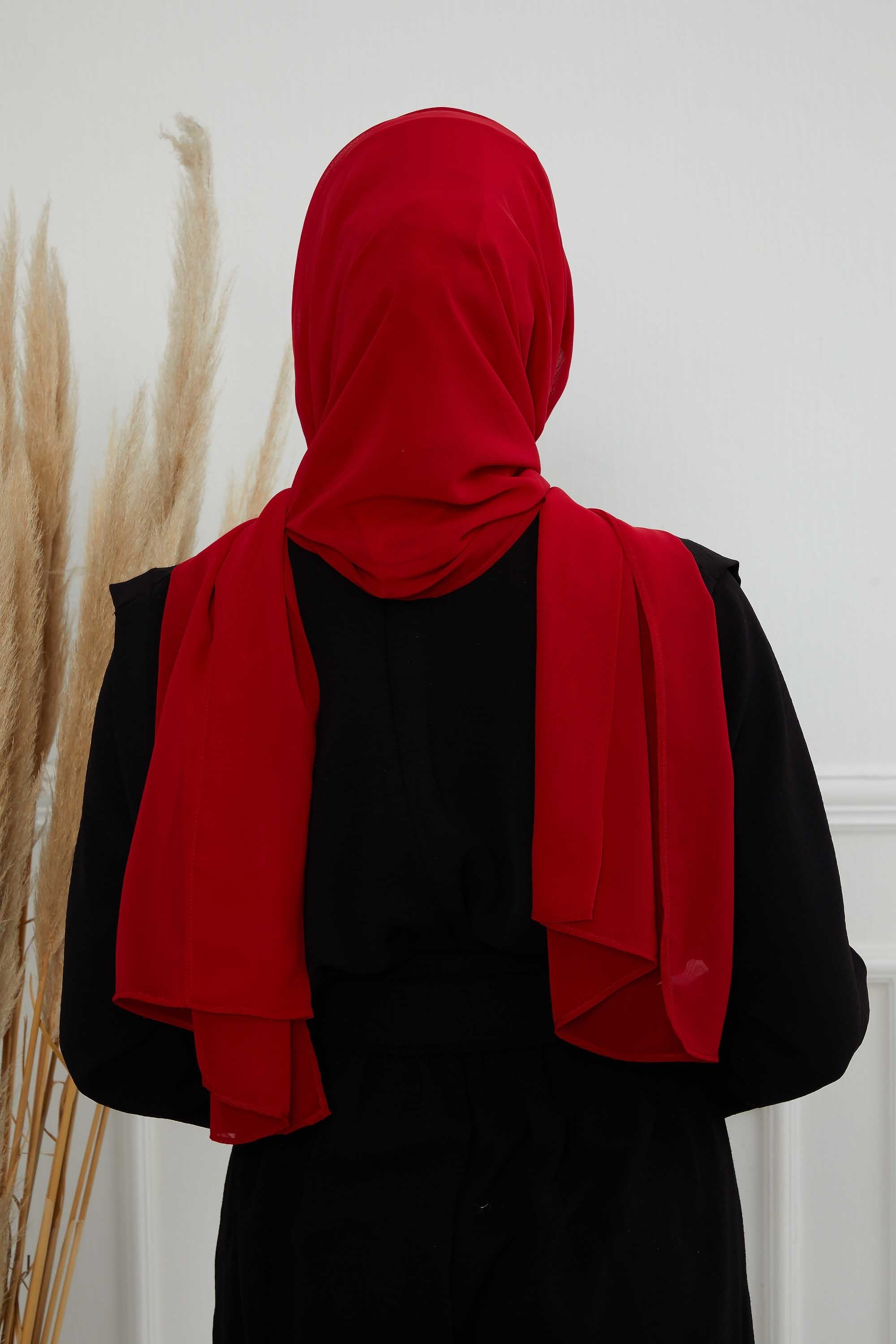 Instant Chiffon Shawl Headscarf for Women with Cotton Bonnet Chiffon Turban Cap, Ready-to-Wear Soft Chiffon Shawl Instant Hijab Wrap,PS-46 Red
