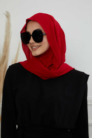 Instant Chiffon Shawl Headscarf for Women with Cotton Bonnet Chiffon Turban Cap, Ready-to-Wear Soft Chiffon Shawl Instant Hijab Wrap,PS-46 Red