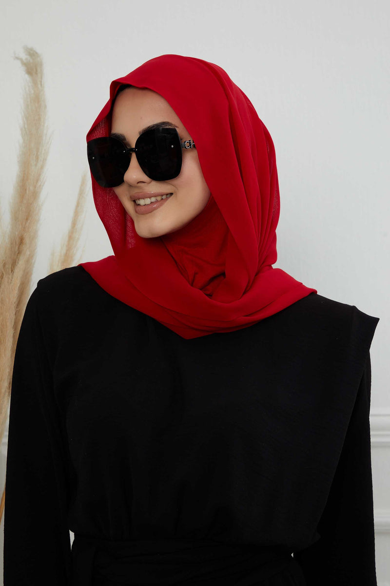 Instant Chiffon Shawl Headscarf for Women with Cotton Bonnet Chiffon Turban Cap, Ready-to-Wear Soft Chiffon Shawl Instant Hijab Wrap,PS-46 Red