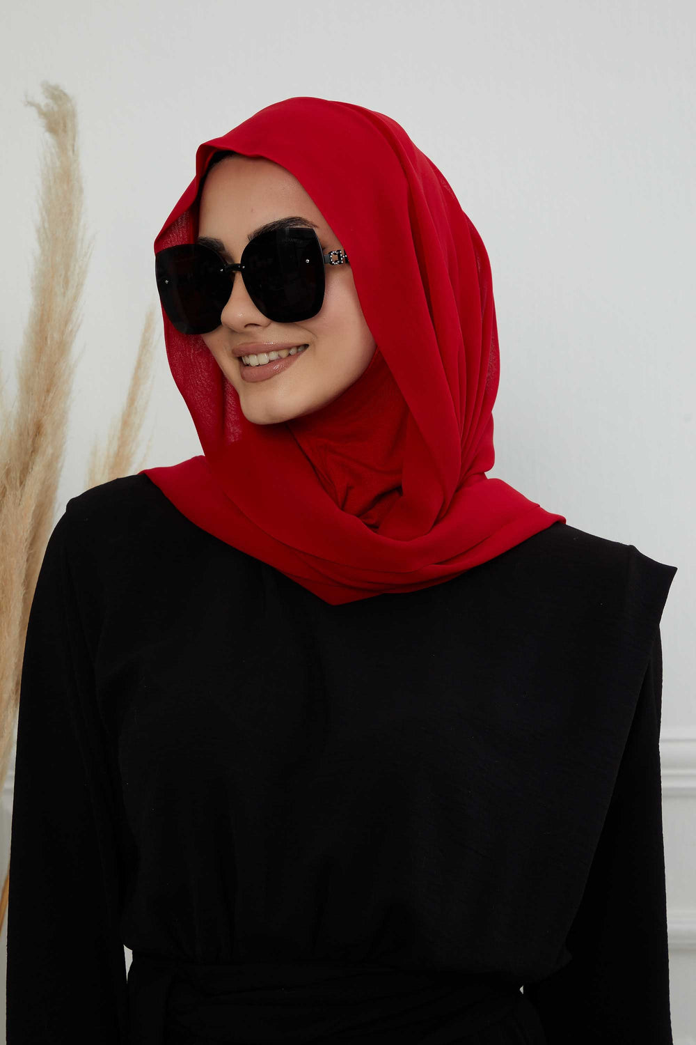 Instant Chiffon Shawl Headscarf for Women with Cotton Bonnet Chiffon Turban Cap, Ready-to-Wear Soft Chiffon Shawl Instant Hijab Wrap,PS-46 Red