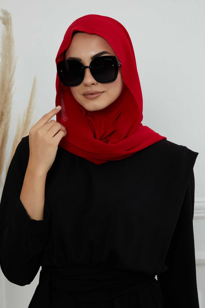 Instant Chiffon Shawl Headscarf for Women with Cotton Bonnet Chiffon Turban Cap, Ready-to-Wear Soft Chiffon Shawl Instant Hijab Wrap,PS-46 Red