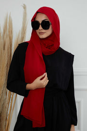 Instant Chiffon Shawl Headscarf for Women with Cotton Bonnet Chiffon Turban Cap, Ready-to-Wear Soft Chiffon Shawl Instant Hijab Wrap,PS-46 Red