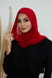 Instant Chiffon Shawl Headscarf for Women with Cotton Bonnet Chiffon Turban Cap, Ready-to-Wear Soft Chiffon Shawl Instant Hijab Wrap,PS-46 Red