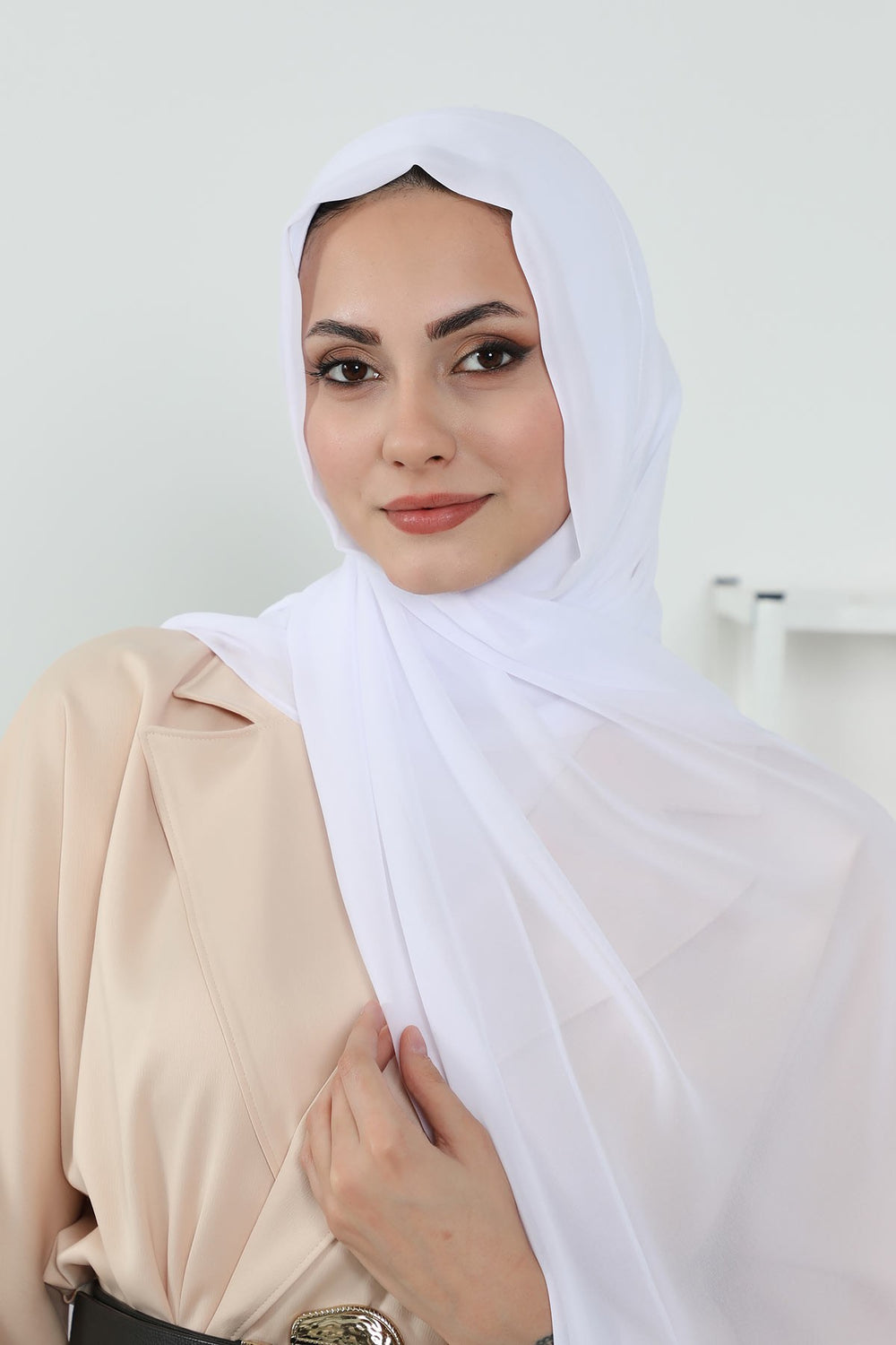 Instant Chiffon Shawl Headscarf for Women with Cotton Bonnet Chiffon Turban Cap, Ready-to-Wear Soft Chiffon Shawl Instant Hijab Wrap,PS-46 White