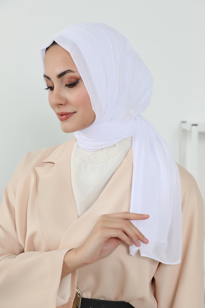Instant Chiffon Shawl Headscarf for Women with Cotton Bonnet Chiffon Turban Cap, Ready-to-Wear Soft Chiffon Shawl Instant Hijab Wrap,PS-46 White
