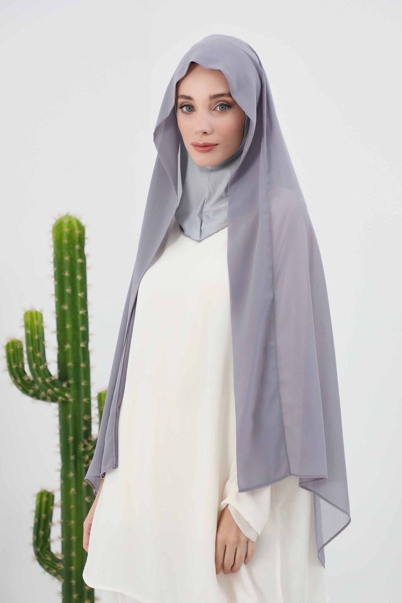 Instant Chiffon Shawl Headscarf for Women with Cotton Bonnet Chiffon Turban Cap, Ready-to-Wear Soft Chiffon Shawl Instant Hijab Wrap,PS-46 Grey