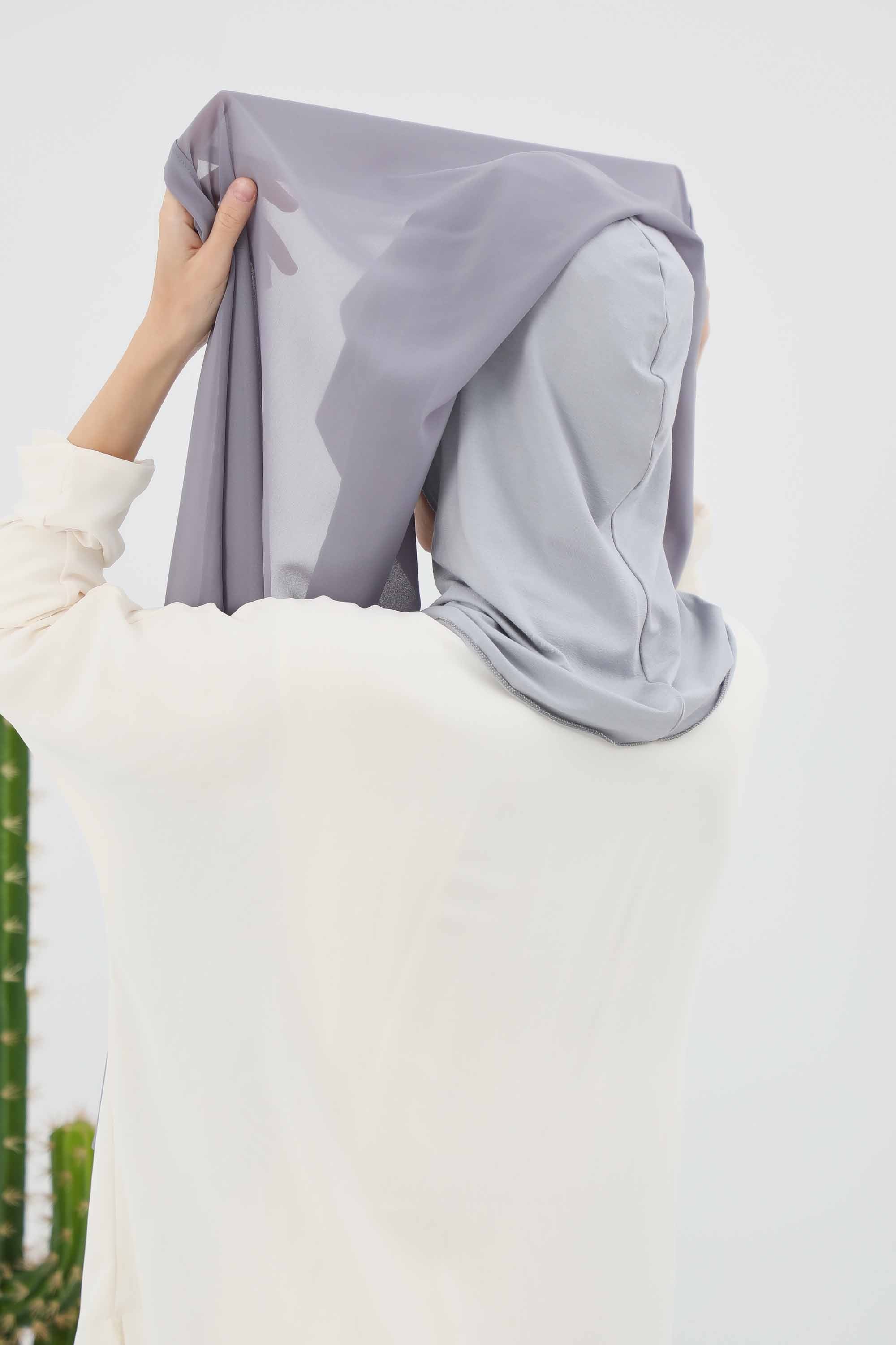 Instant Chiffon Shawl Headscarf for Women with Cotton Bonnet Chiffon Turban Cap, Ready-to-Wear Soft Chiffon Shawl Instant Hijab Wrap,PS-46 Grey