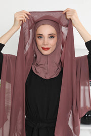 Instant Chiffon Shawl Headscarf for Women with Cotton Bonnet Chiffon Turban Cap, Ready-to-Wear Soft Chiffon Shawl Instant Hijab Wrap,PS-46 Dusty Rose