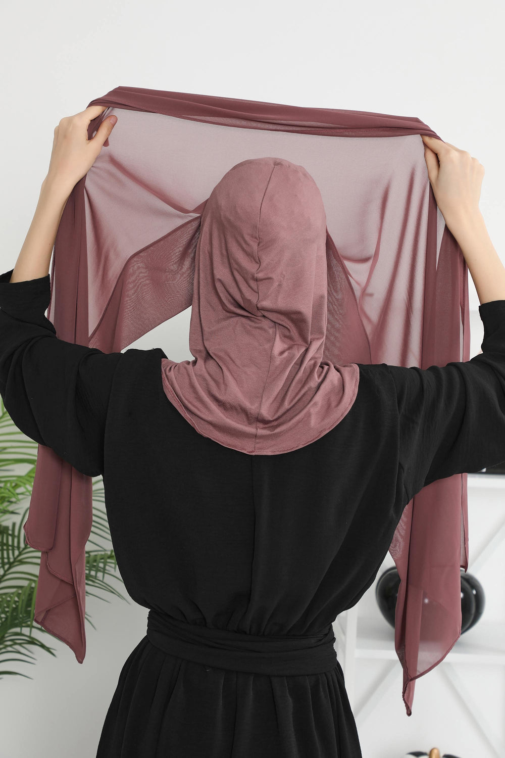 Instant Chiffon Shawl Headscarf for Women with Cotton Bonnet Chiffon Turban Cap, Ready-to-Wear Soft Chiffon Shawl Instant Hijab Wrap,PS-46 Dusty Rose