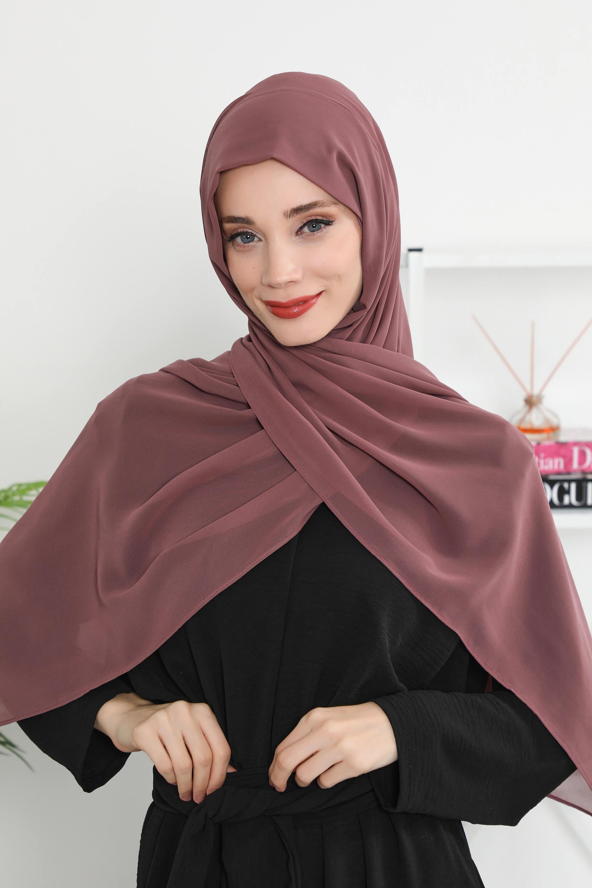 Instant Chiffon Shawl Headscarf for Women with Cotton Bonnet Chiffon Turban Cap, Ready-to-Wear Soft Chiffon Shawl Instant Hijab Wrap,PS-46 Dusty Rose