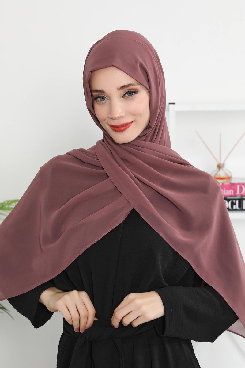 Instant Chiffon Shawl Headscarf for Women with Cotton Bonnet Chiffon Turban Cap, Ready-to-Wear Soft Chiffon Shawl Instant Hijab Wrap,PS-46 Dusty Rose