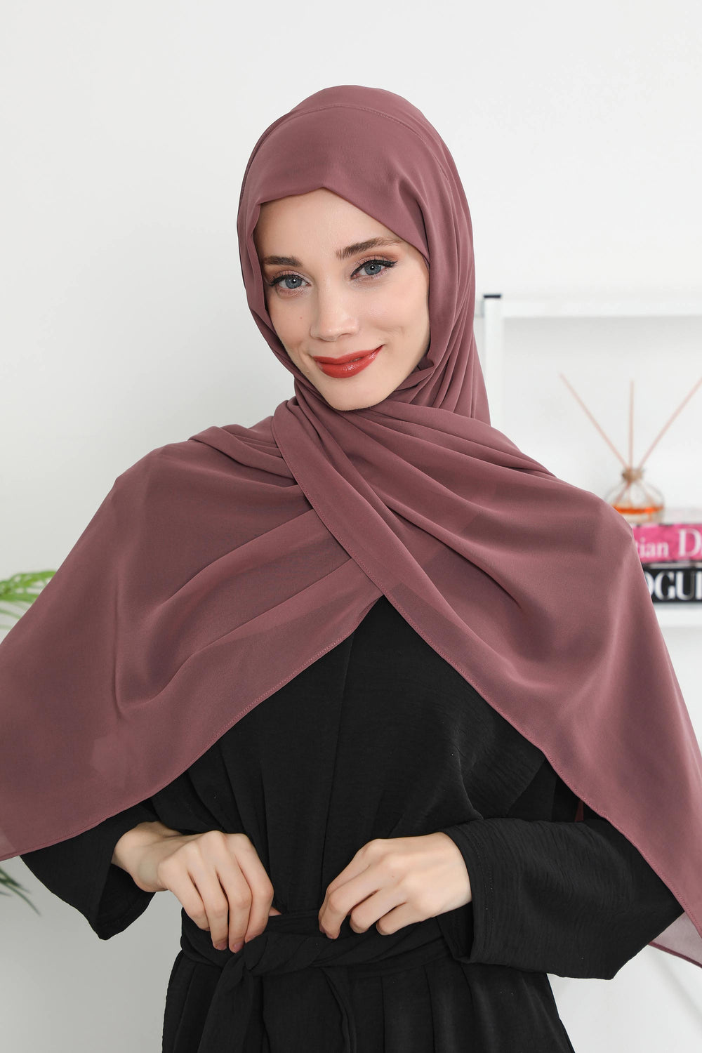 Instant Chiffon Shawl Headscarf for Women with Cotton Bonnet Chiffon Turban Cap, Ready-to-Wear Soft Chiffon Shawl Instant Hijab Wrap,PS-46 Dusty Rose
