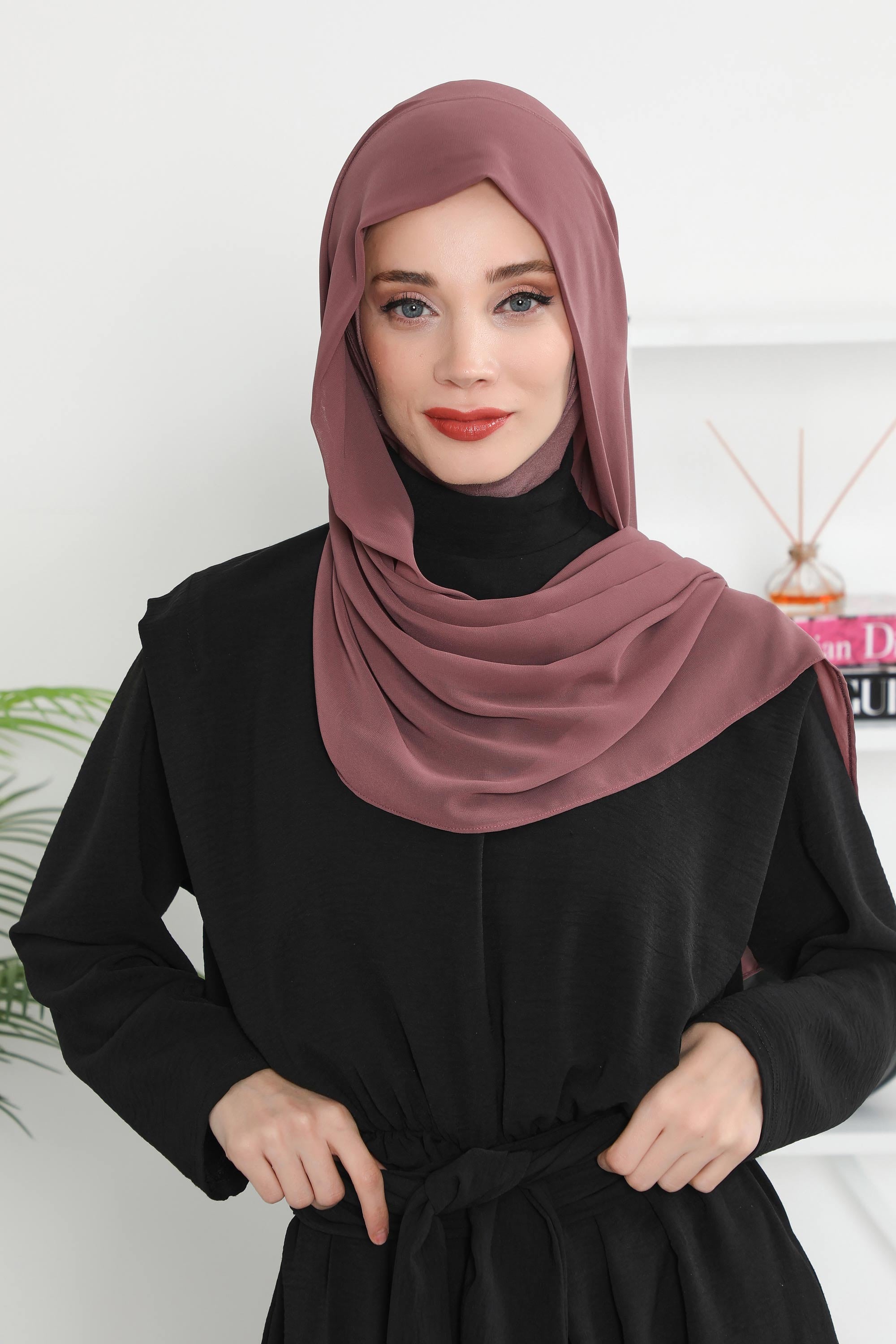 Instant Chiffon Shawl Headscarf for Women with Cotton Bonnet Chiffon Turban Cap, Ready-to-Wear Soft Chiffon Shawl Instant Hijab Wrap,PS-46 Dusty Rose