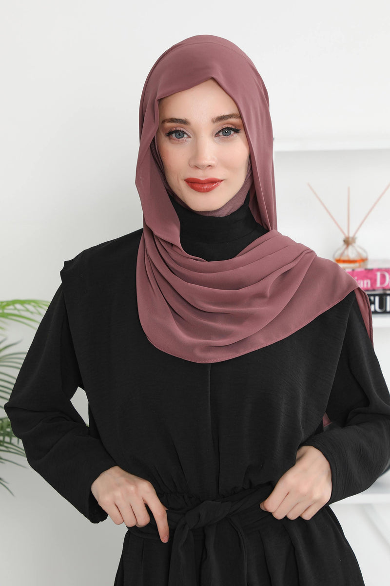Instant Chiffon Shawl Headscarf for Women with Cotton Bonnet Chiffon Turban Cap, Ready-to-Wear Soft Chiffon Shawl Instant Hijab Wrap,PS-46 Dusty Rose