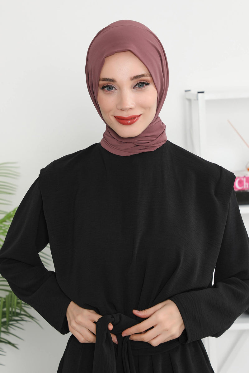 Instant Chiffon Shawl Headscarf for Women with Cotton Bonnet Chiffon Turban Cap, Ready-to-Wear Soft Chiffon Shawl Instant Hijab Wrap,PS-46 Dusty Rose