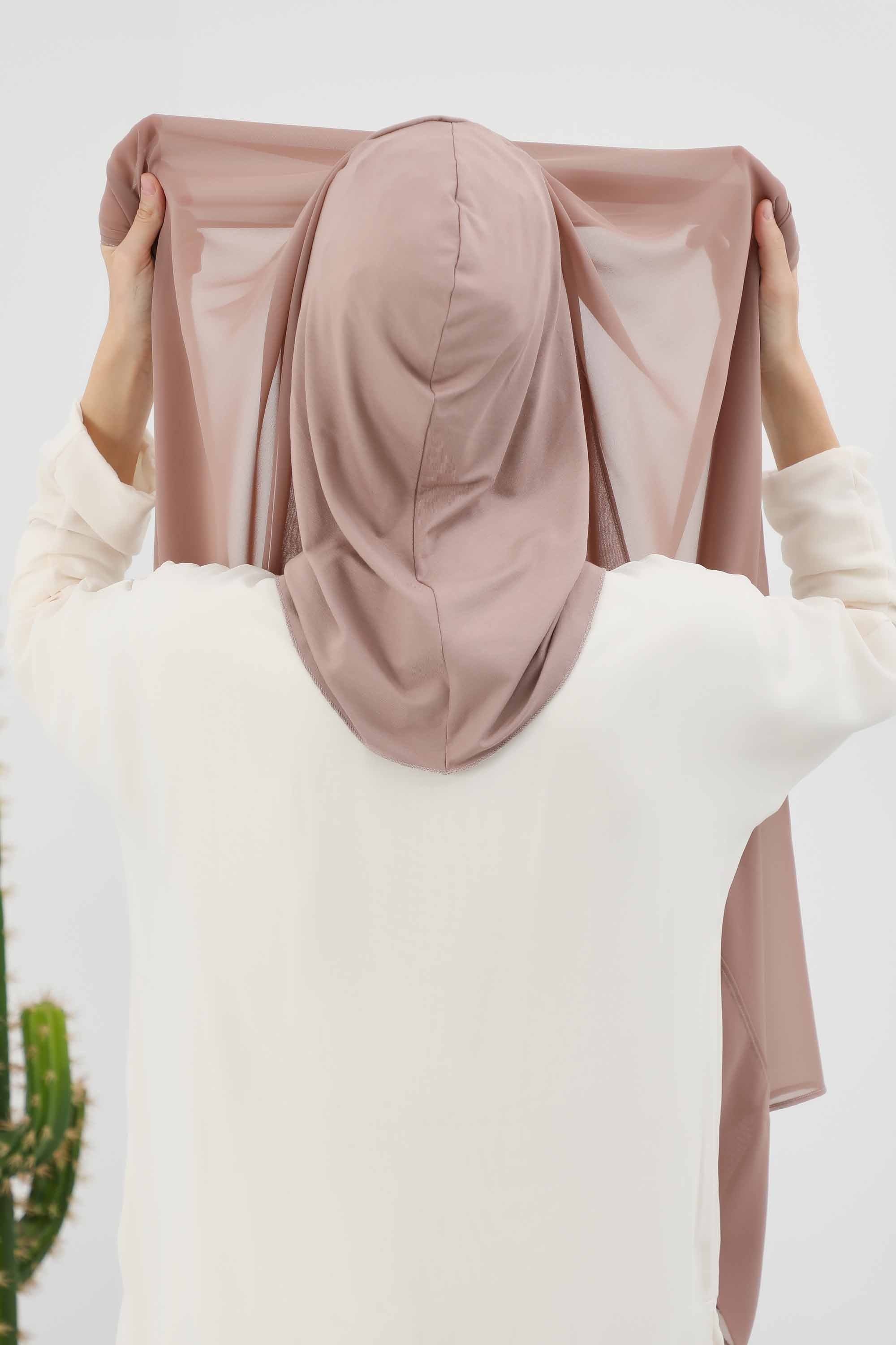 Instant Chiffon Shawl Headscarf for Women with Cotton Bonnet Chiffon Turban Cap, Ready-to-Wear Soft Chiffon Shawl Instant Hijab Wrap,PS-46 Dark Mink