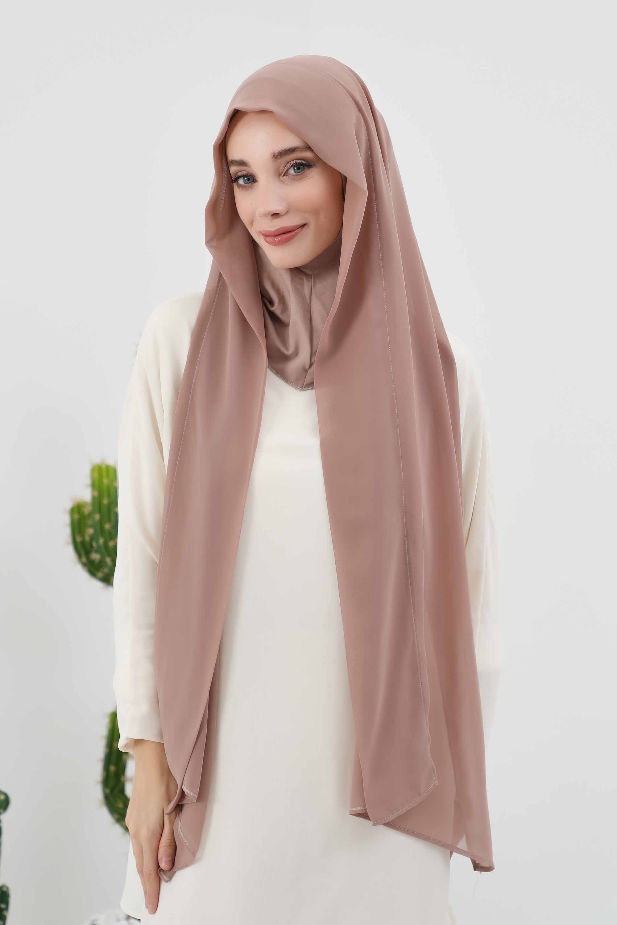 Instant Chiffon Shawl Headscarf for Women with Cotton Bonnet Chiffon Turban Cap, Ready-to-Wear Soft Chiffon Shawl Instant Hijab Wrap,PS-46 Dark Mink