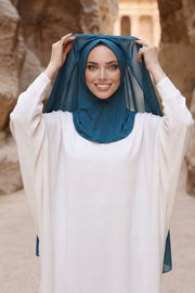Instant Chiffon Shawl Headscarf for Women with Cotton Bonnet Chiffon Turban Cap, Ready-to-Wear Soft Chiffon Shawl Instant Hijab Wrap,PS-46 Petrol Blue